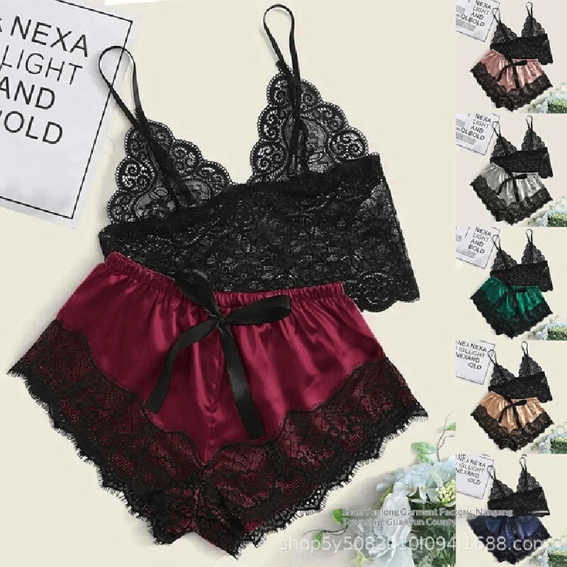 Mengya Women Lace Satin Two Piece Lingerie Set Spaghetti Strap Camisole Silky Lace Trim Shorts Nightwear European American Style