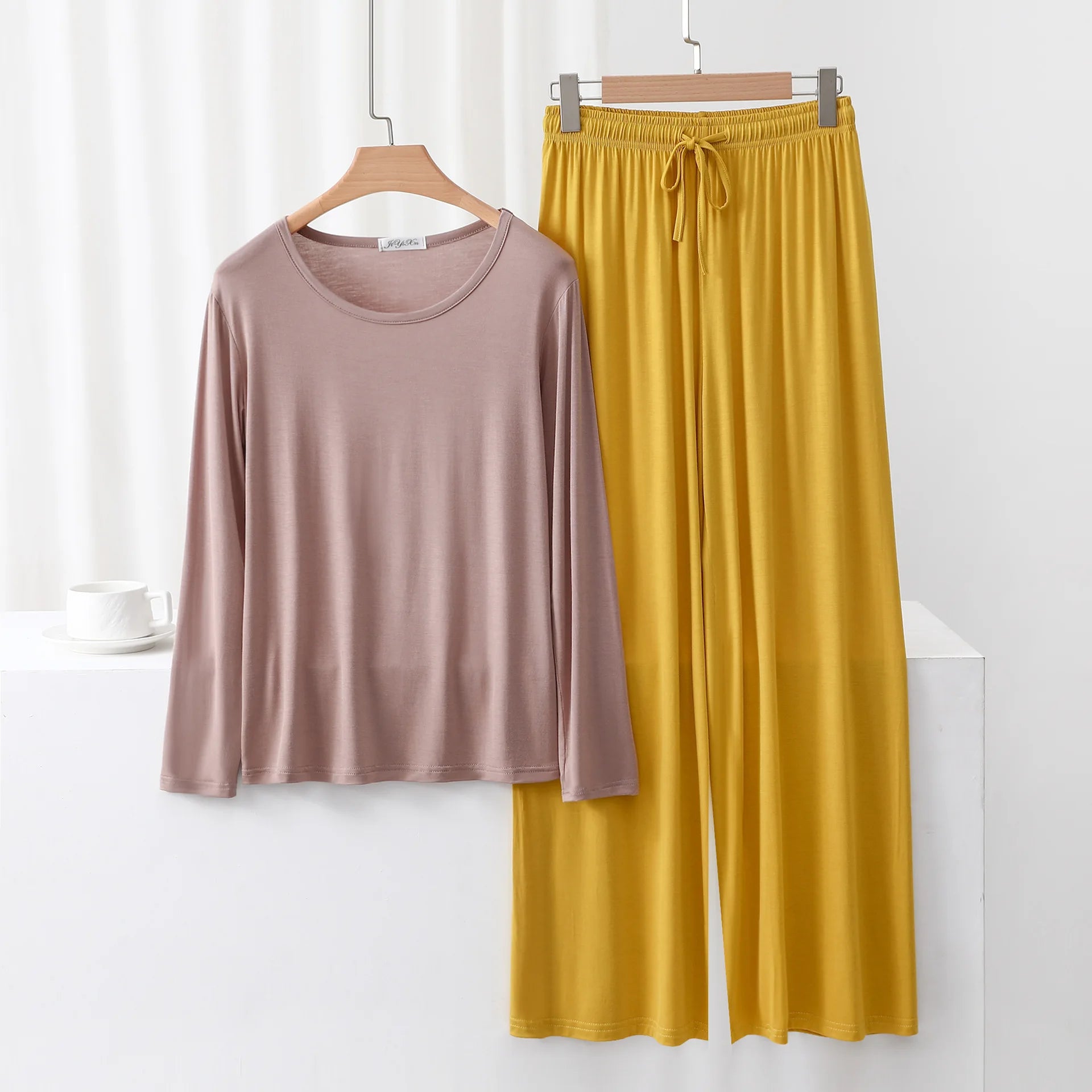 Modal Pajama Sets 2 Piece O-Neck Long sleeved Tshirt and Wide Leg Pant Ankle Length Loose sleepwear set Comfort homewear suits