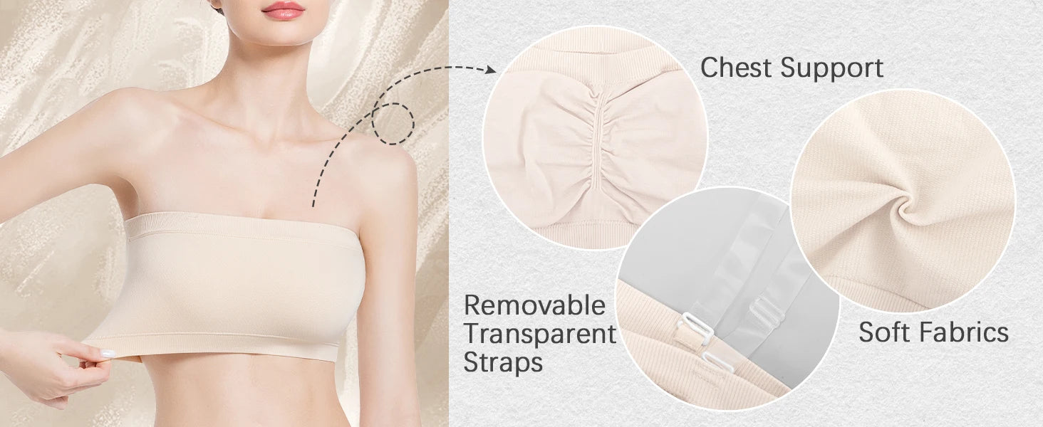 Women Tube Strapless Bra Chest Wrap Bandeau Unlined Seamless Breathable Comfortable Underwear Tops with Clear Straps