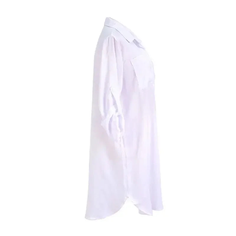 Sexy Beach Cover Up Women Bikini Pocket Swimsuit Cover Up Hollow Out T-shirt White Bathing Suit Cover-Ups Tunics Beachwear Robe