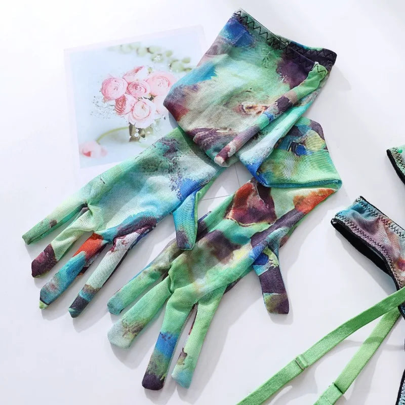 5 Pieces Lingerie Set Women Nightwear tie-dye Printed Halloween Underwear Bras Panties Golves Stocking Erotic Laungerie Set