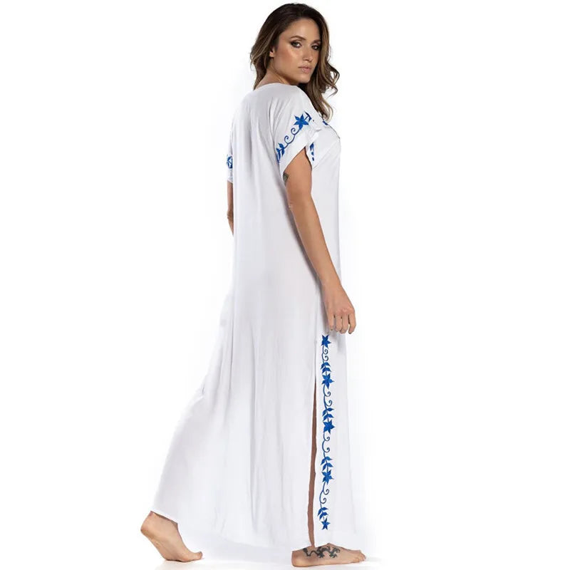 Swimsuit Cover Ups Embroidery V Neck Short Sleeve Swim Cover Up for Women Kaftan Dresses