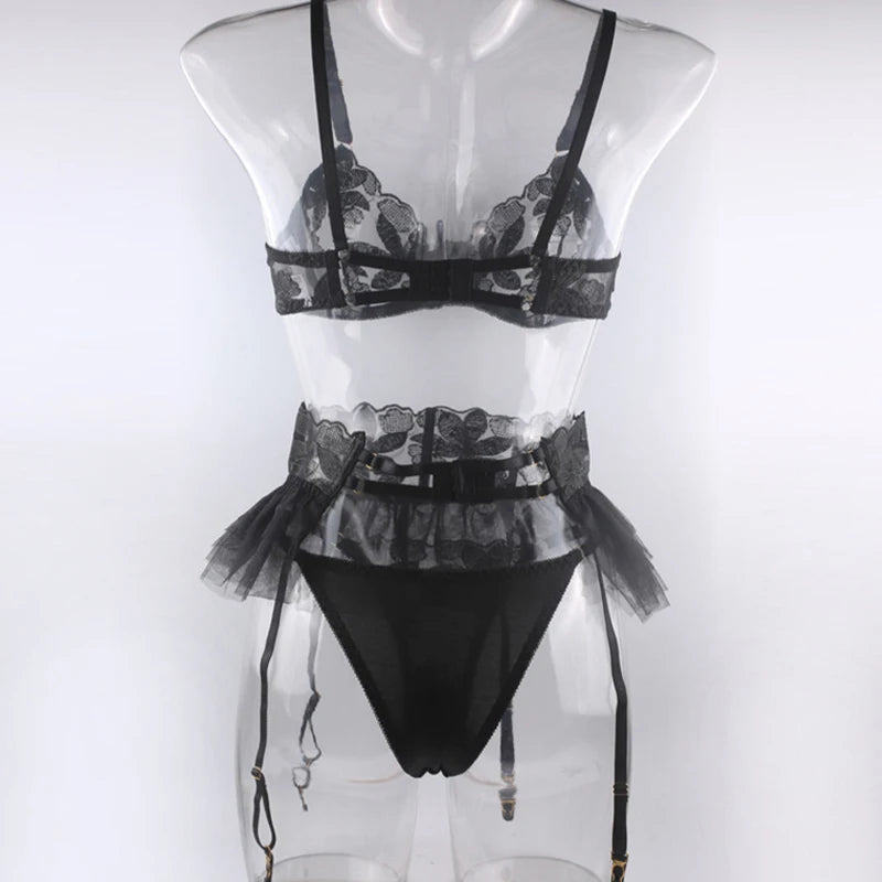 Lingerie Set Women Sexy Underwear Push Up Strappy Embroidered Mesh Sheer Lingerie Set See Through Panty Bra 3 Piece Langerie