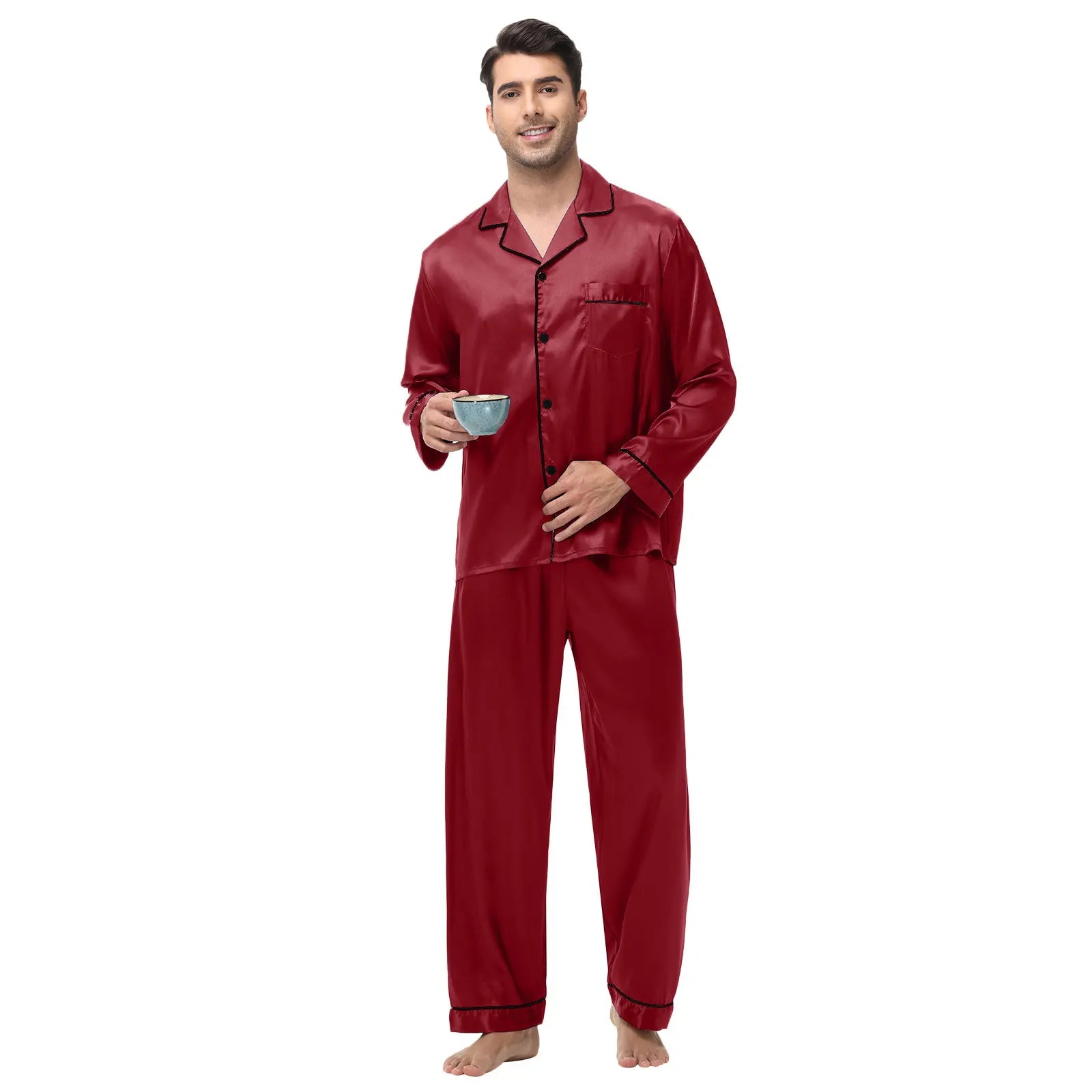Men Pajamas Set Silk Satin Sleepwear for Man Shirt Long Sleeve Pijama Male Fashion Soft Loungewear S-2XL Size Spring Nightwear
