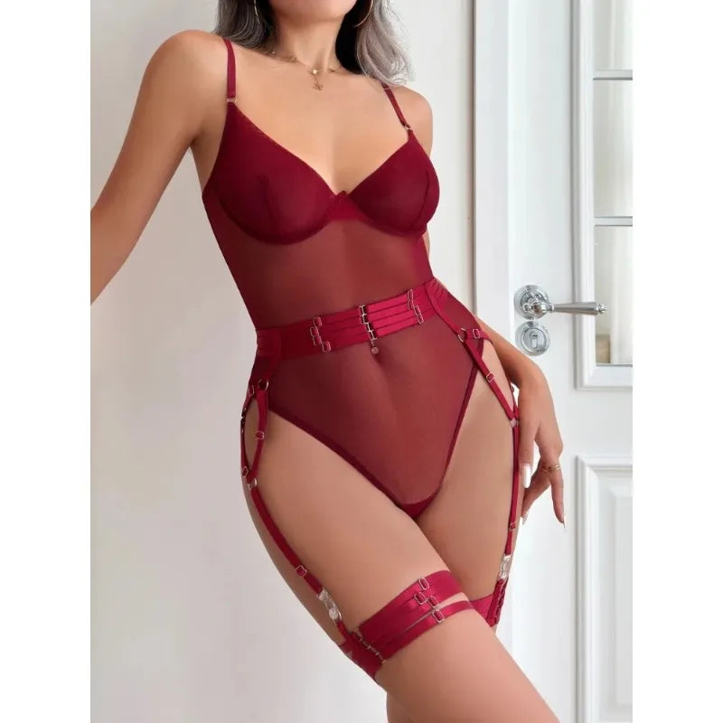 Sexy Sensual Lingerie Sets for Women See Through Mesh Lace Tight Bodysuit with Gloves Garter Exquisite Underwear Erotic Costumes