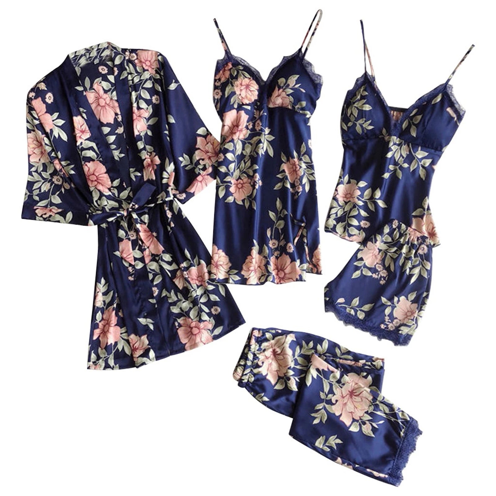 Women'S Printed Sleepwear Loose And Comfortable Lace Five Piece Set Sleeveless Camisole Nightdress Home Clothing Bathrobe