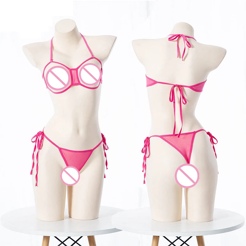 Sexy Lingerie 2 Piece Halter Neck Women's Underwear Set Mini Open Micro Bra Top Briefs Panties