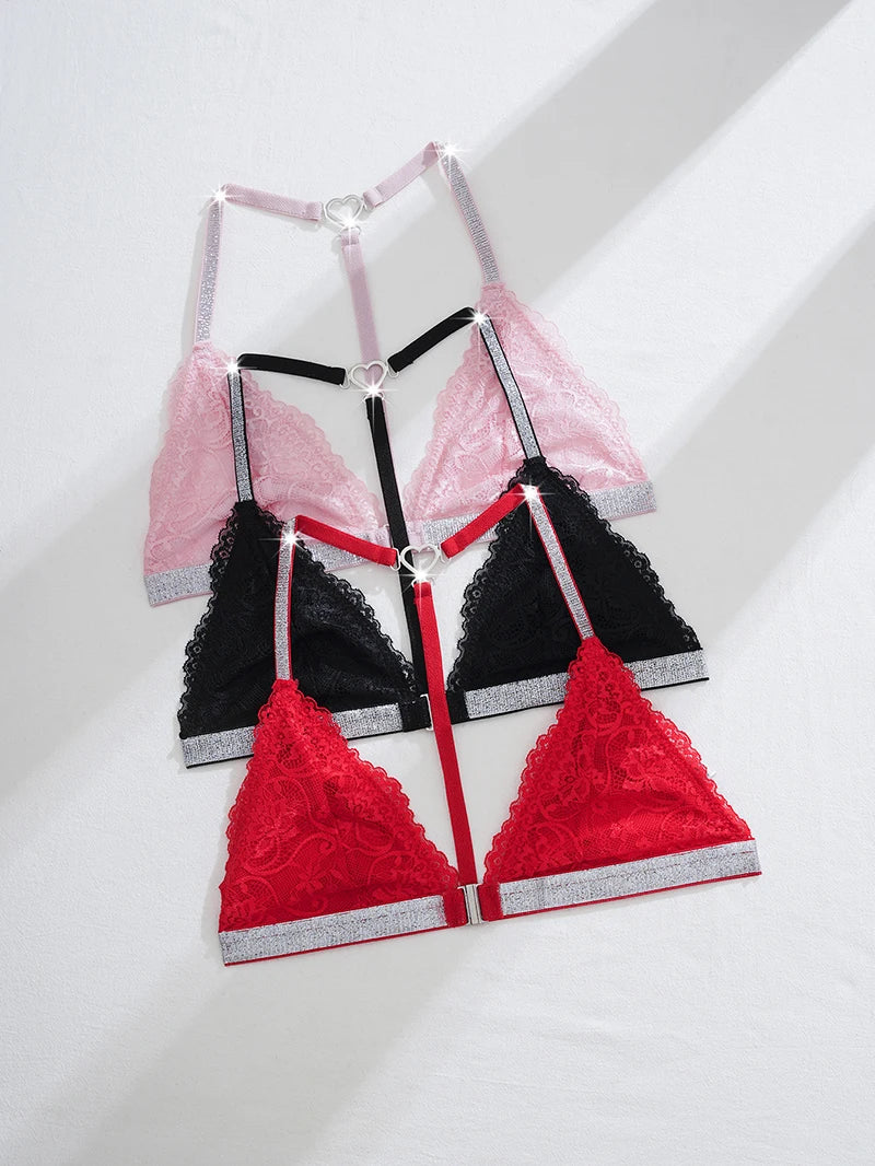 Women Lace Unlined Bras Sexy Wire Free Bralette Underwear Push Up Halter Strap Brassiere Lingerie Front Closure Temptation Bra