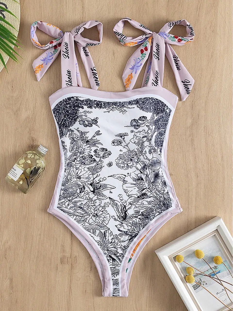 Y2K Fashion Women Floral One Piece Swimsuits Reversible Tie Shoulder Monokini Tummy Control Bathing Suits Square Neck Swimwear