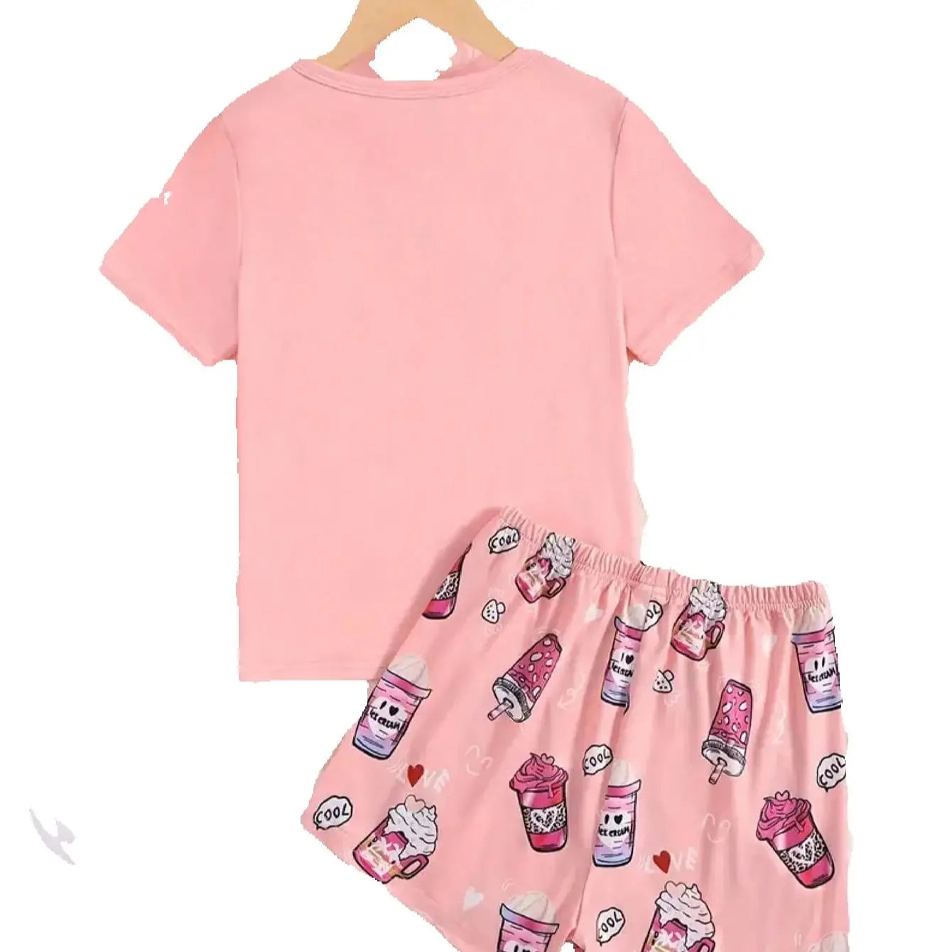 2 cute pajama sets, medium stretch printed short T-shirts and shorts with fresh and fashionable cold drink patterns