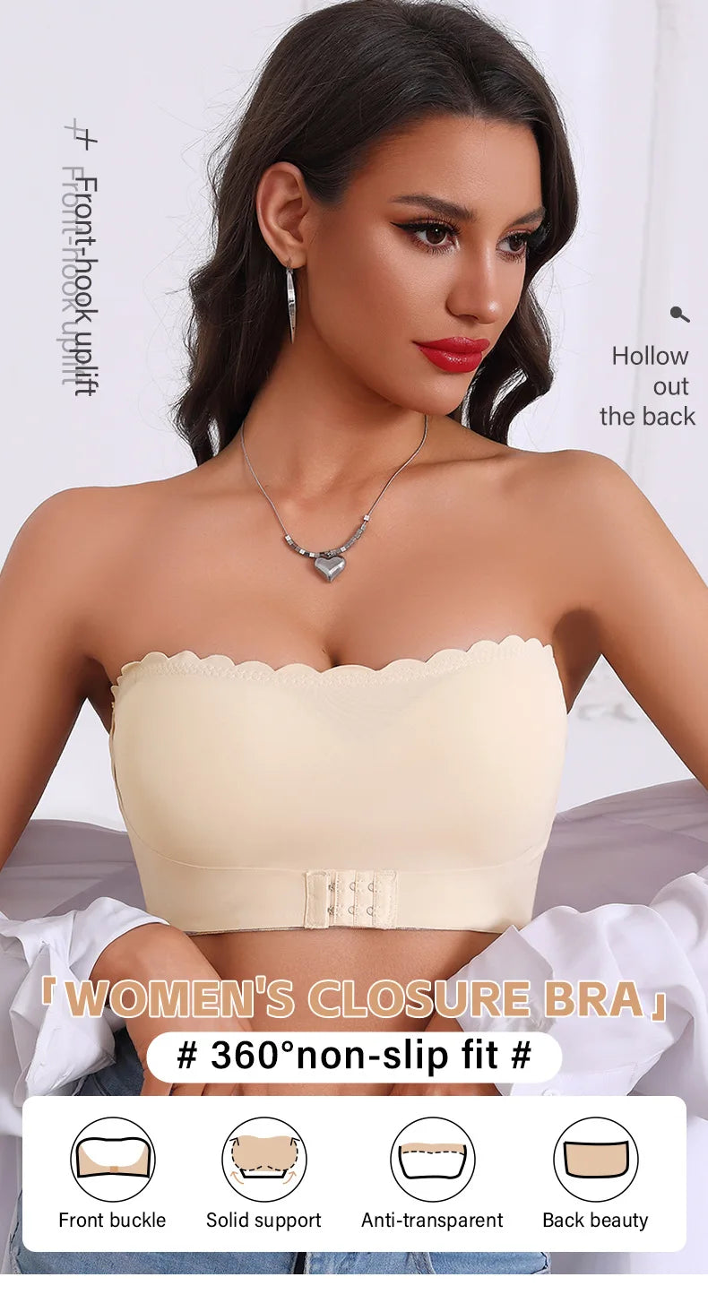 Women's Strapless Front Closure Bra Wireless Bandeau Non-slip Underwear Wavy Edge Chest Wraps Padded Push Up Tube Top Bralette