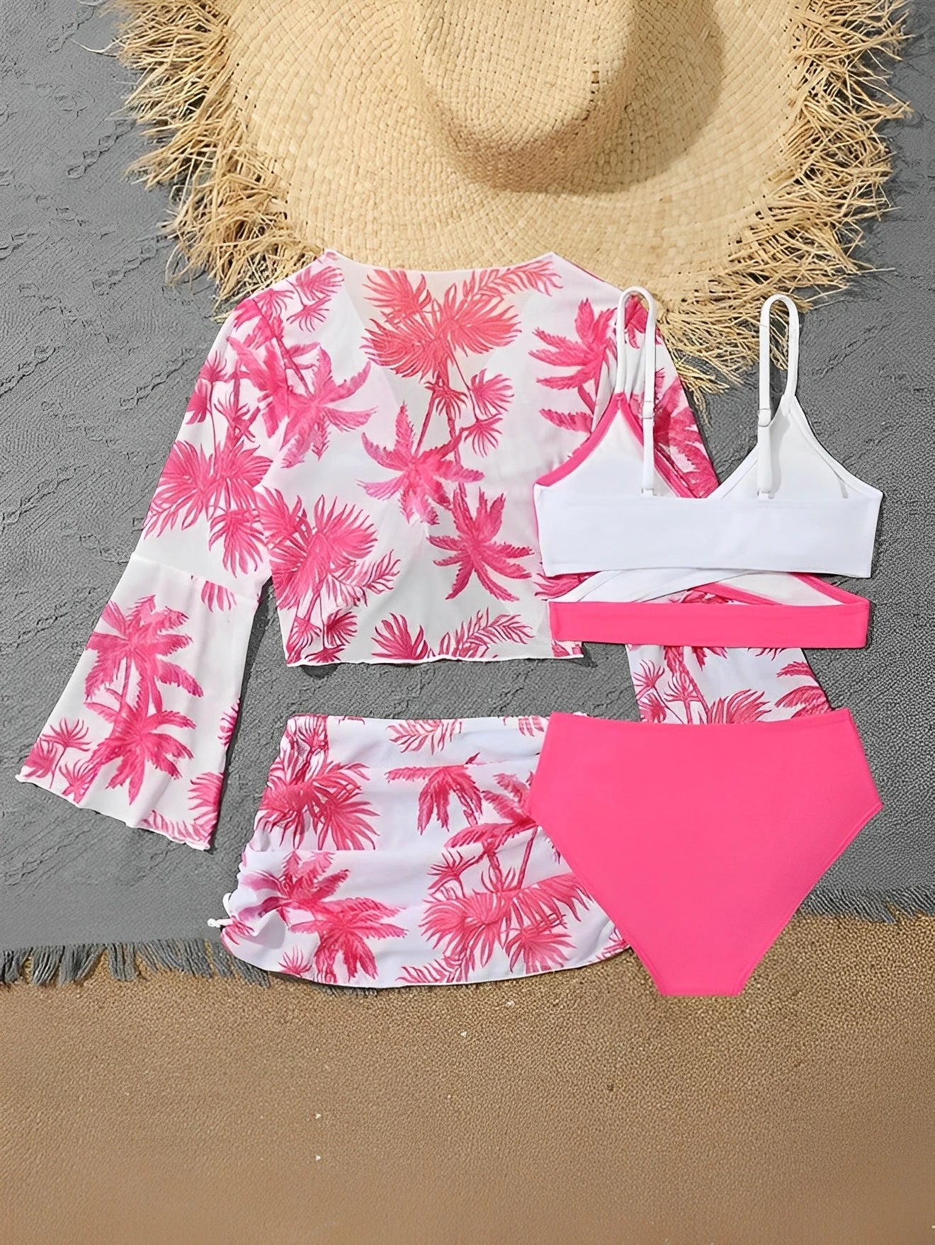 4 Pieces Bikini Top & Skirt 2026 Girls Swimsuit Kids High Waist Swimwear Children Bathers Bathing Swimming Swim Suit Beachwear