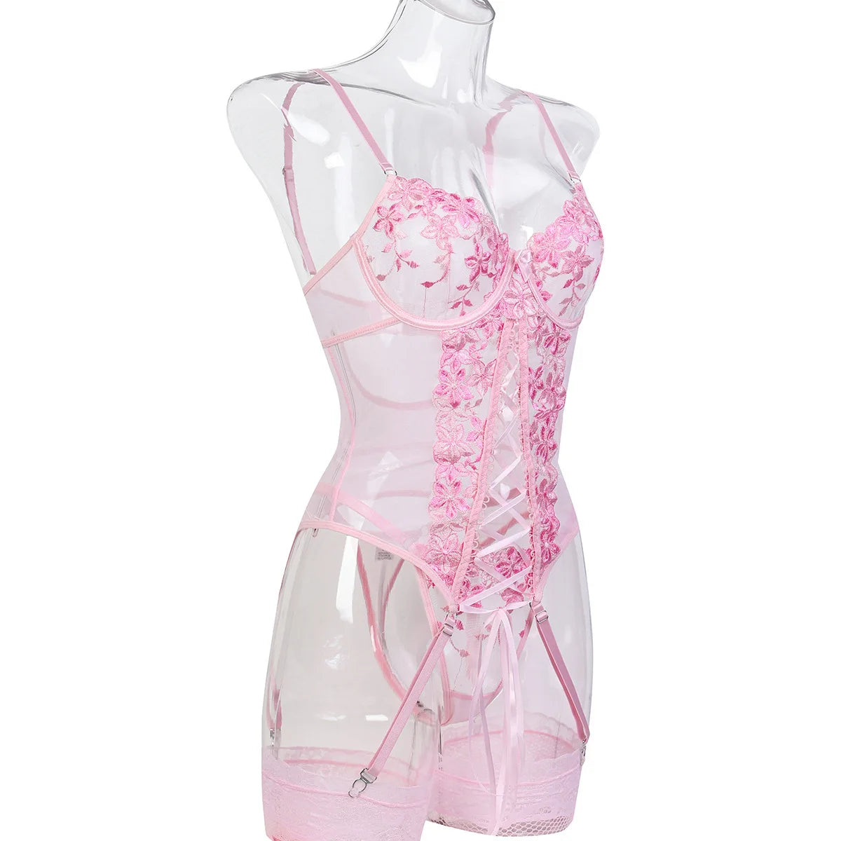 Ellolace Fancy Sexy Lingerie 3-Piece Corset Lace Up Beautiful Bodysuits With Stocking Luxury G-String Pink Intimate Goods 4PCY