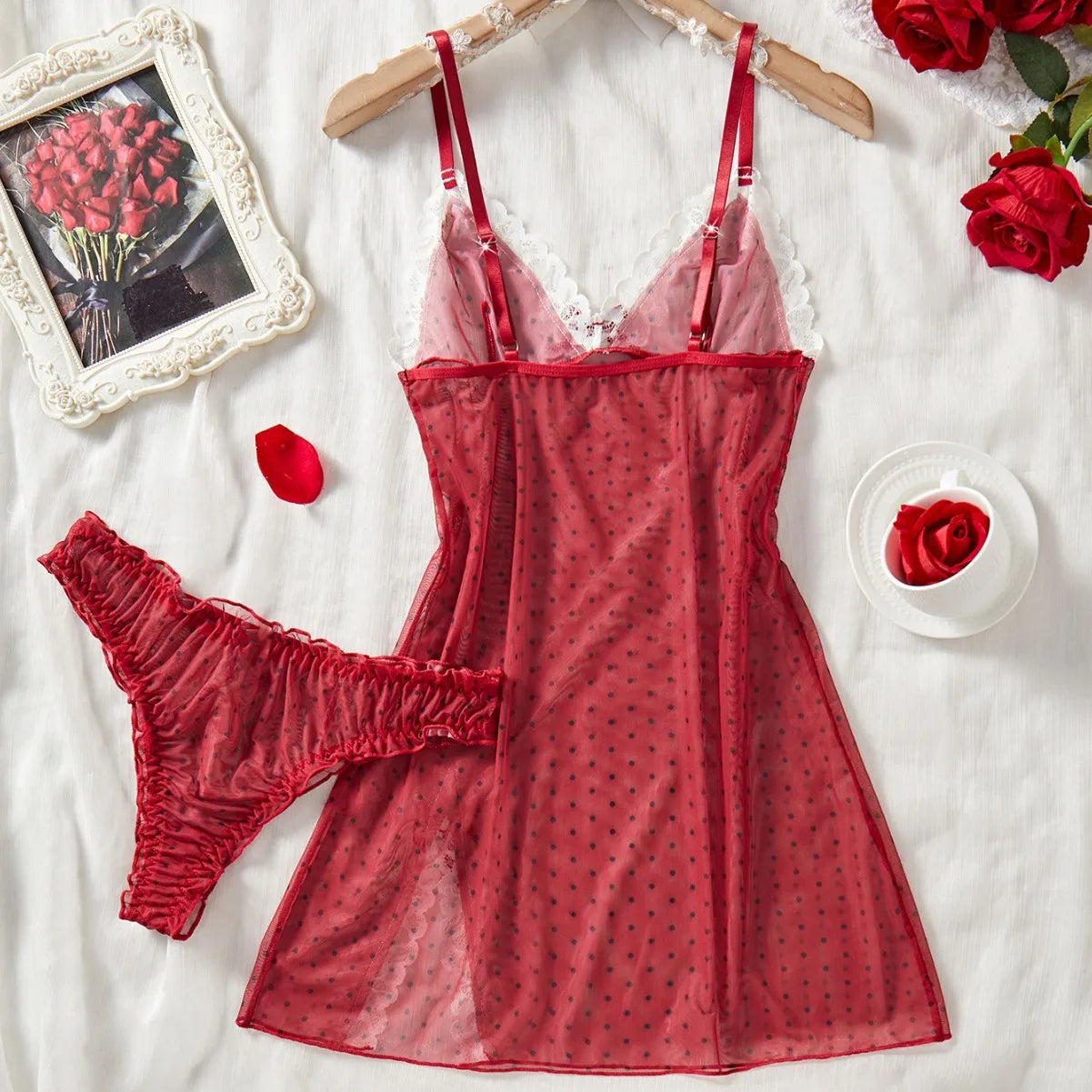 Lace Mesh Semi-Sheer Cami Nightdress Two-Piece Set