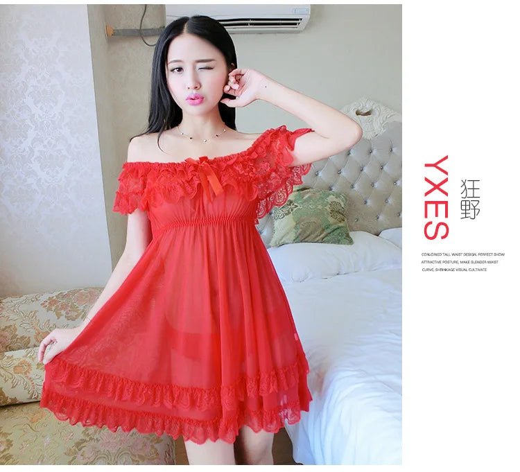 Sexy Lace Lingerie Set for Women Red Sleepwear Nightdress with Matching Panties Sheer Lace Camisole, Romantic Night