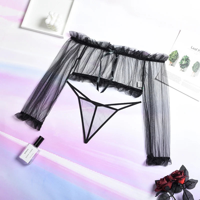 Sexy Lingerie Woman Erotic Pajamas Lace Lingerie Sex Clothes Babydoll Erotic Transparent Porn Blue Sexy Tops Thong Set Lingerie