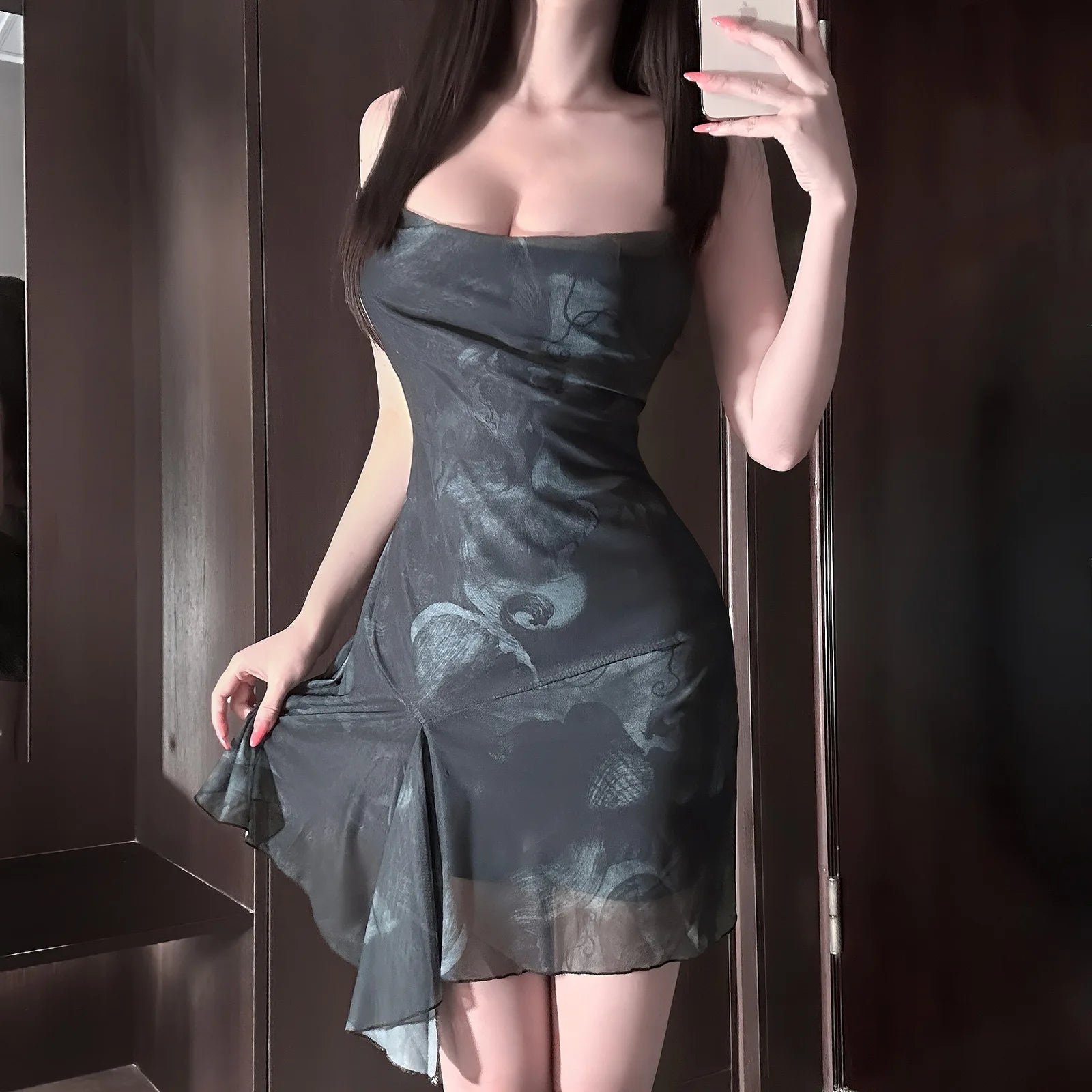 Lingerie With Straps, Can Be Worn Outside, Versatile Short Skirt, Pure Desire Style, Hot Girl Cross-Backless PrintqqnySuit