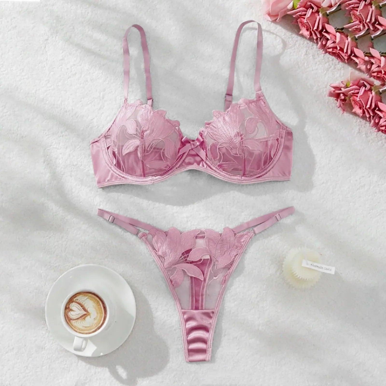 Women'S 2 Piece Lingerie Set Floral Embroidered Lace Sexy Satin Mesh Ingerie Bra And Panty Set Negligee Lingerie Sexy