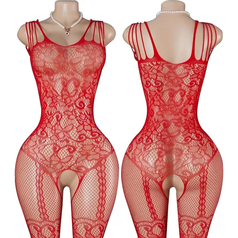 Lace Mesh Hanging Neck Bras Body Suits Erotic Crotchless Lingerie Women Deep V Halter Bodystockings Sexy Bodycon Underwear Sets