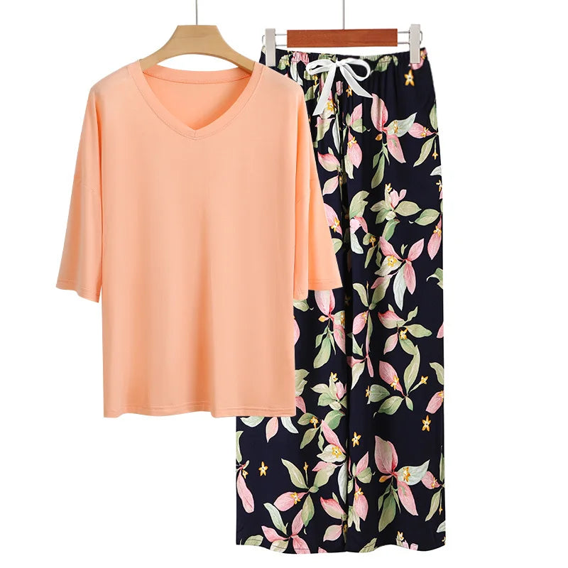 Casual Pajamas Set Spring Summer Short Sleeve Tops Long Pant Suit Elegant Women's Pijamas Home Sleepwear Clothes Pijama Mujer
