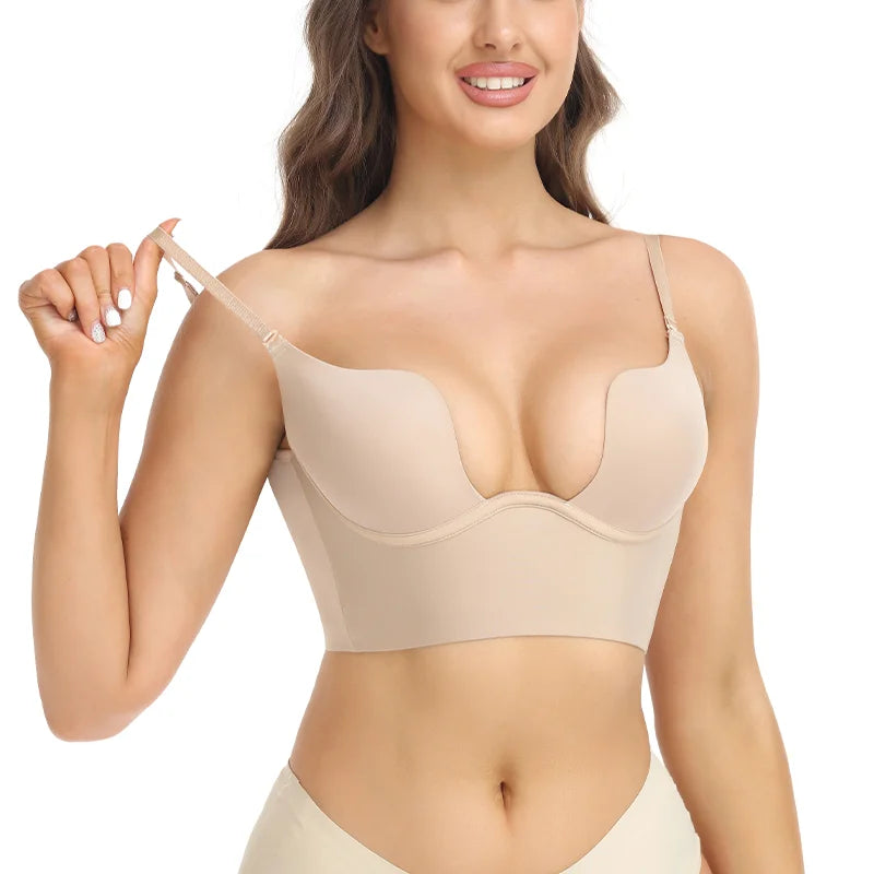 Womens Low Back Bra Wire Lifting Deep U Shaped Plunge Backless Bra with Multiway Convertible Clear Straps Body Shaper Lingeres