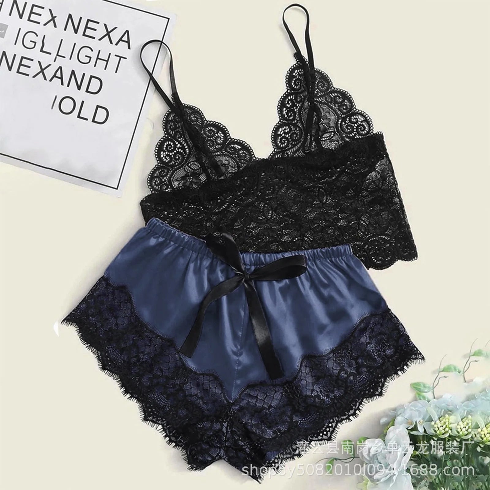 Mengya Women Lace Satin Two Piece Lingerie Set Spaghetti Strap Camisole Silky Lace Trim Shorts Nightwear European American Style