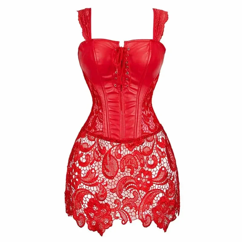 Women's Sexy Burlesque Lingerie Gothic Faux Leather Steampunk Corset Black Lace Bustier Overbust Corsage Korsett Corsets Top