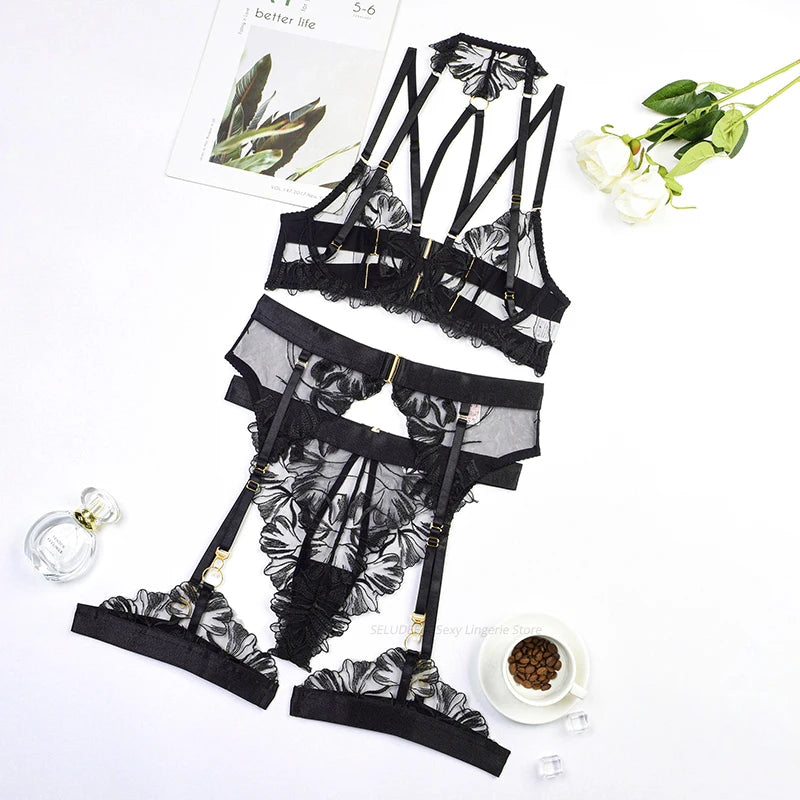 Lace Bras Embroidery Lingerie Sets Bra Garter Panty Sets Exotic Lingerie for Ladies Sexy Mesh Bra Intimate Outfits Transparent