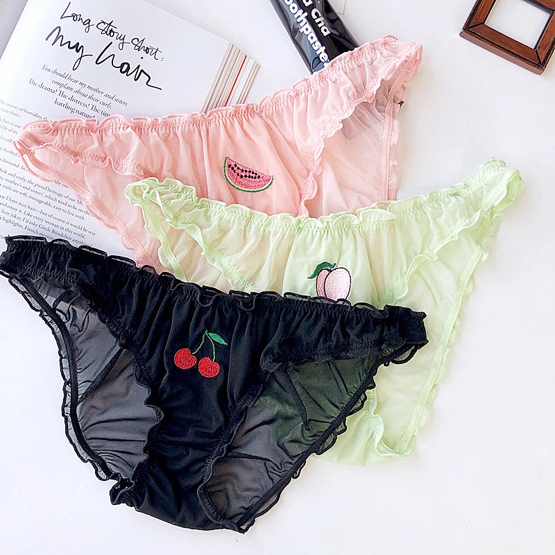 Women Sexy Lace Lingerie Temptation Low-waist Panties Fruit Ins Embroidery Transparent Briefs Seamless Sweet Underwear