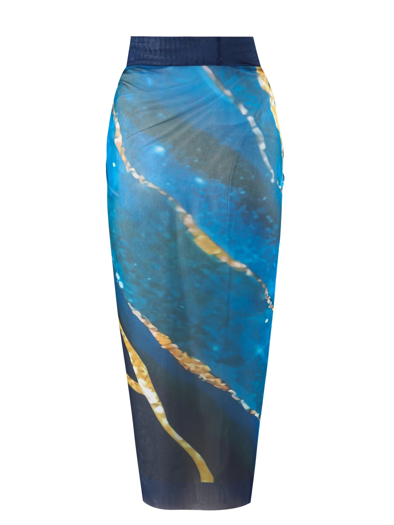 Women's One-Piece Swimsuit with V-Neck and Cross-Tie, Sexy and Elegant, Tummy-Concealing and Slimming, Popular European and American Style, Blue Marble Print Two-Piece Set with Mesh Overlay, Tie-Up, and Draped Skirt