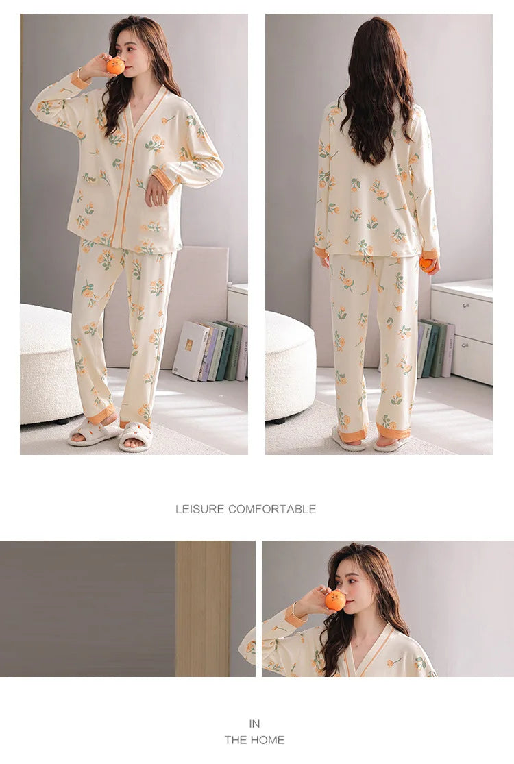 Girls' Four-Season Pajama Set Women's Long-Sleeve Homewear New Casual Outfit for Going Out and Walking Women's Homewear Set