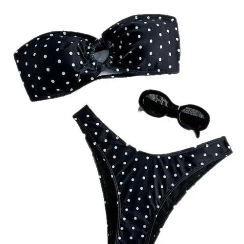 2026 Bikini Woman 2025 Swimsuit Women Printed Bikinis Black Bandeau Top Thong Bottom Swimwear Polka Dot Two Piece High Cut