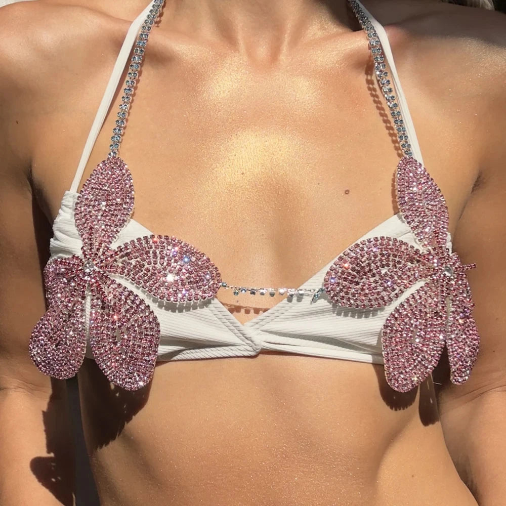 2024 Festival Pink Flower Bra Chain Harness Chest Accessories Rave Bikini Tops Large Crystal Body Chain Lingerie for Women