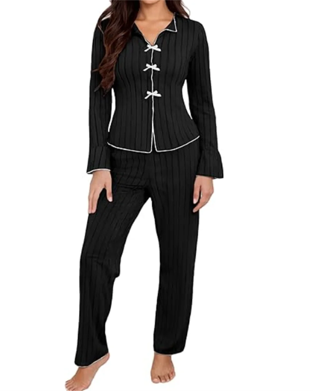 Ribbed Knit Pajama Sets Long Sleeve Lounge Set for Women  Button Top Full Length Pants 2 Piece Fall Casual Outfit Sets