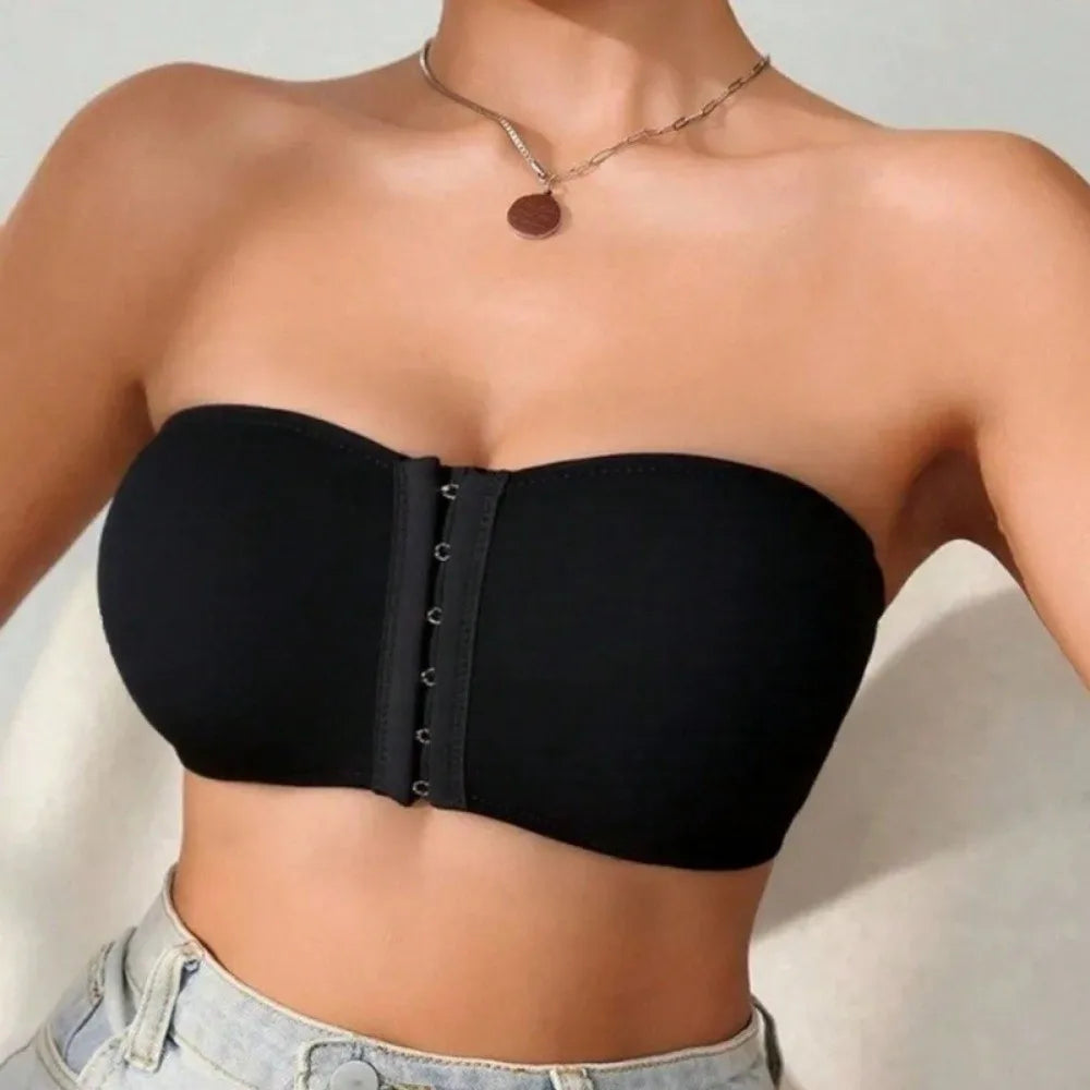 Strapless Front Button Bandeau Invisible Soft Cushion Tube Top Removable Padded No Underwire Wireless Bralette for Women