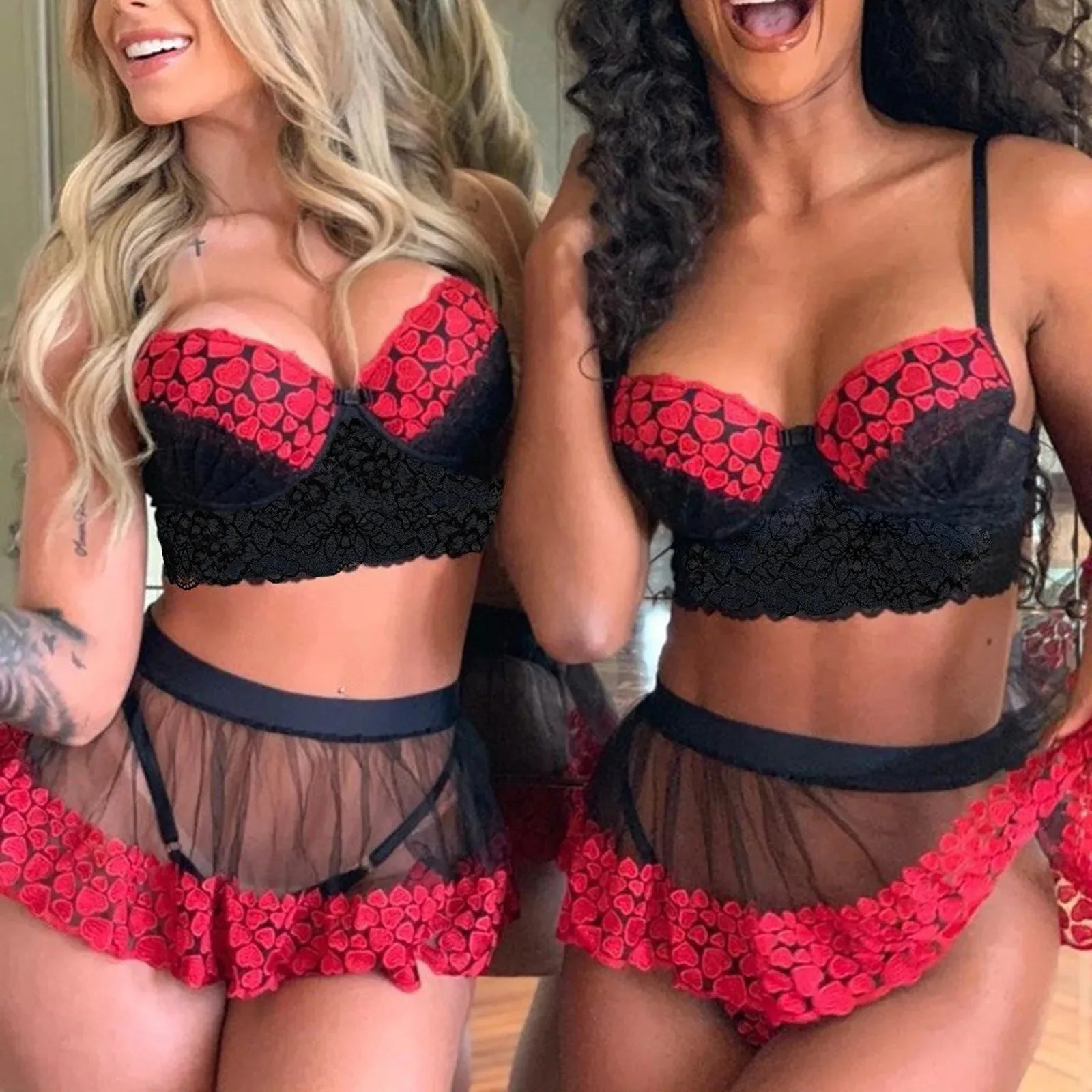 Sexy doll lingerie set, transparent mesh lingerie with a three-piece love embroidery, bra, skirt panties, female lace apparel.