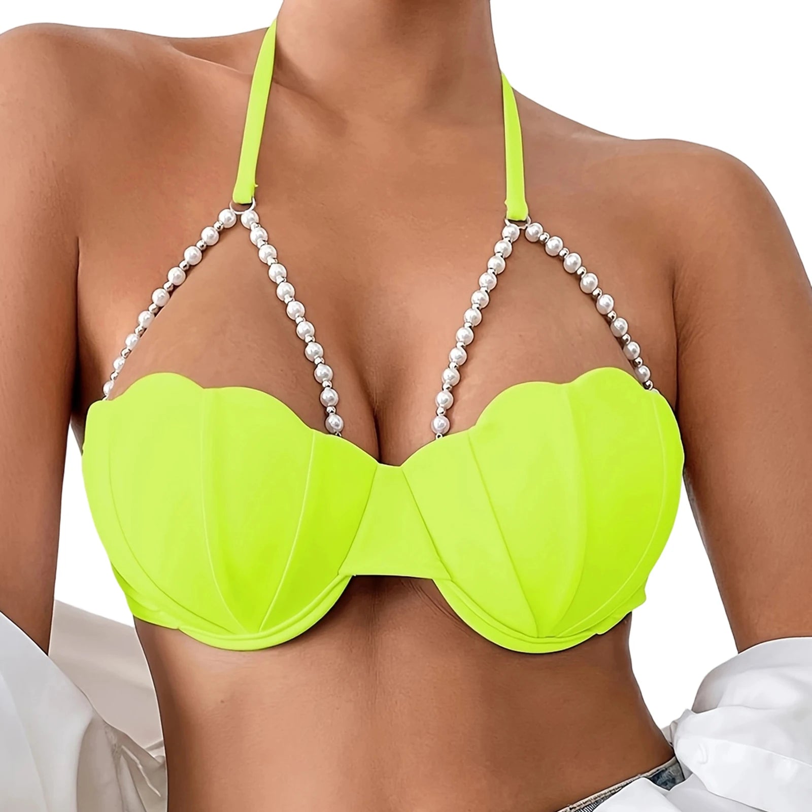 Women's Seashell Bikini Tops Sexy Halter Neck Spaghetti Straps Bathing Suit Bra with Pearl Chain