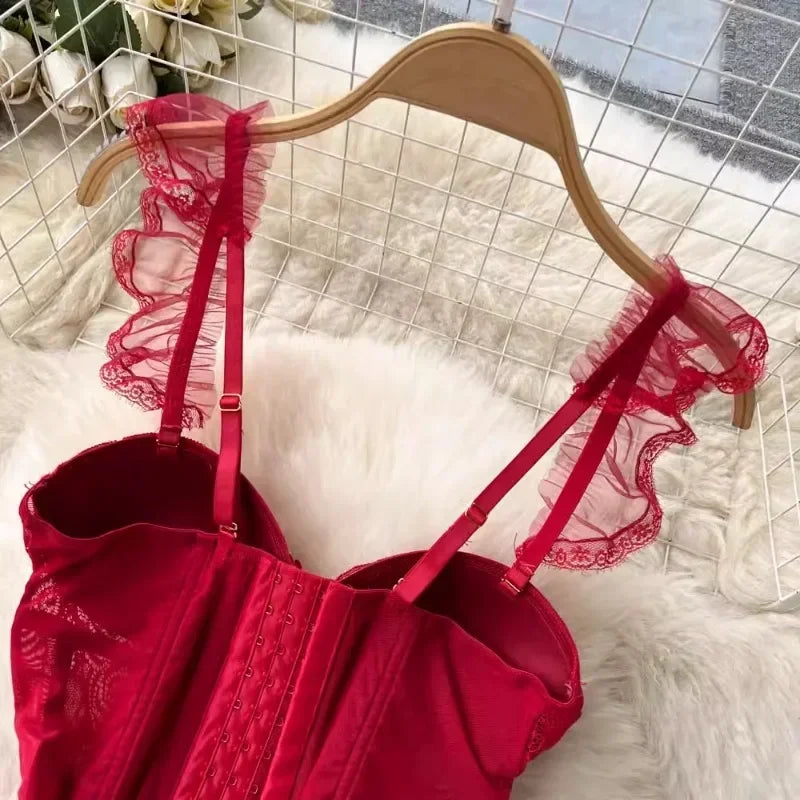 Sexy Lingerie Lace Gauze Elasticity Corset with Chest Pad Straps Belt Underwear Lace Up Body Bustier Overbust Breathable Tops