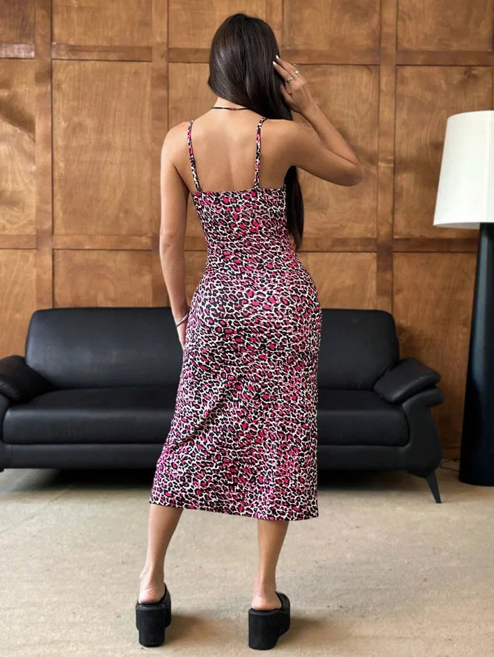 Summer slip dress women's slip bandeau tight height slit solid color leopard print hip skirt