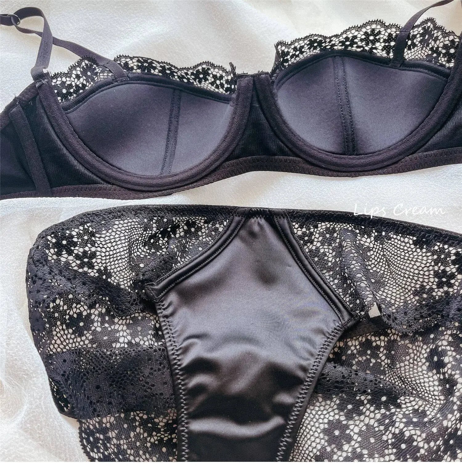 Elegant Sexy  Sheer Lace Balconette Minimizer Bra Set Underwire Push Up Anti-Sagging Side Support Bridal Lingerie for Big Bust