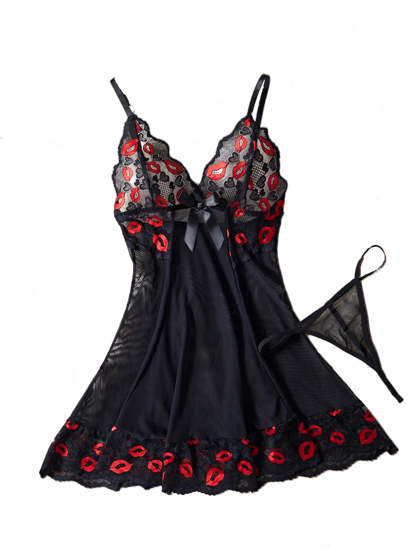 Sexy Lingerie Set Women Erotic Bra Nightdress Sexy Lace Sleepwear Red Lip Print Soft Sling Dress And Thong Full Slip Pajama Set