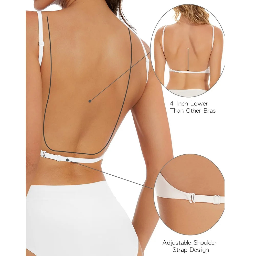 Women Invisible Bra Deep U Plunge Backless Bras Top for Dresses Removeable Padded Push Up Seamless Underwear Bra