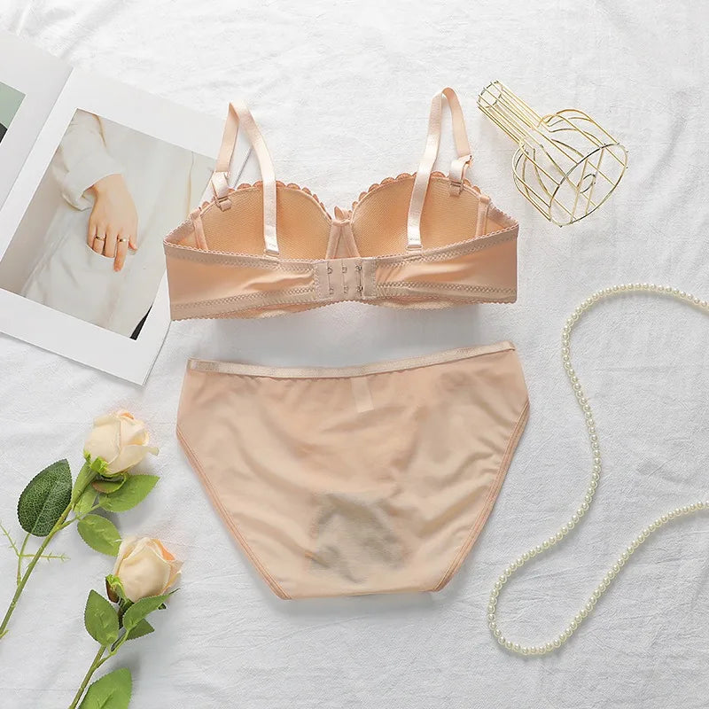 Women's Embroidered Lace Lingerie Set Sexy Push Up Bra with Underwire Bowknot Design Matching Panty Stylish Intimates for Girls