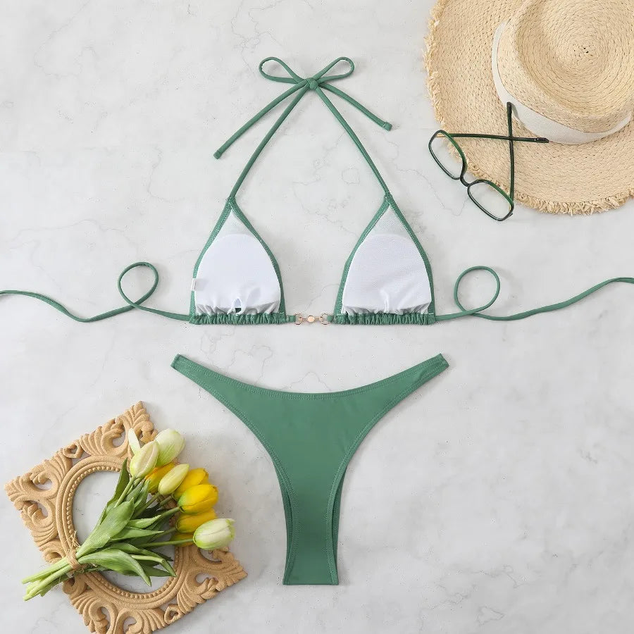 New Two-Piece Bikini Set Sexy Triangle Tie-Up Swimsuit Beach Vacation Swimwear Summer Trendy Top Bottom Beachwear Resort Outfit