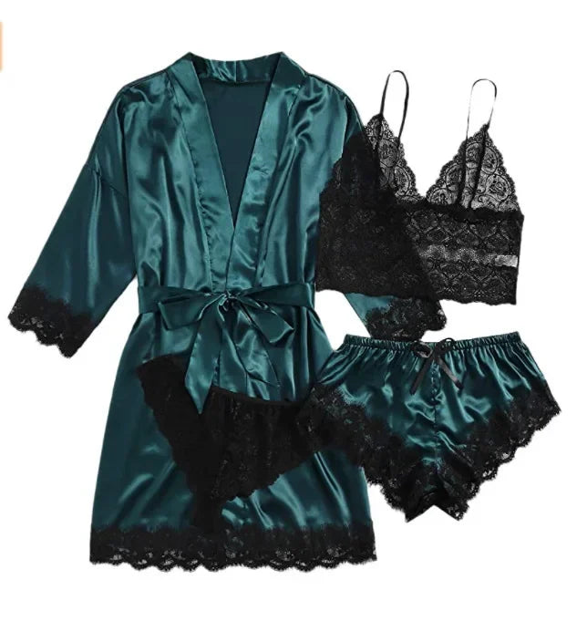 Spring and Autumn Women's Sexy High-quality Lace Camisole Pajamas Soft Comfortable Breathable and Comfortable 4-piece Set