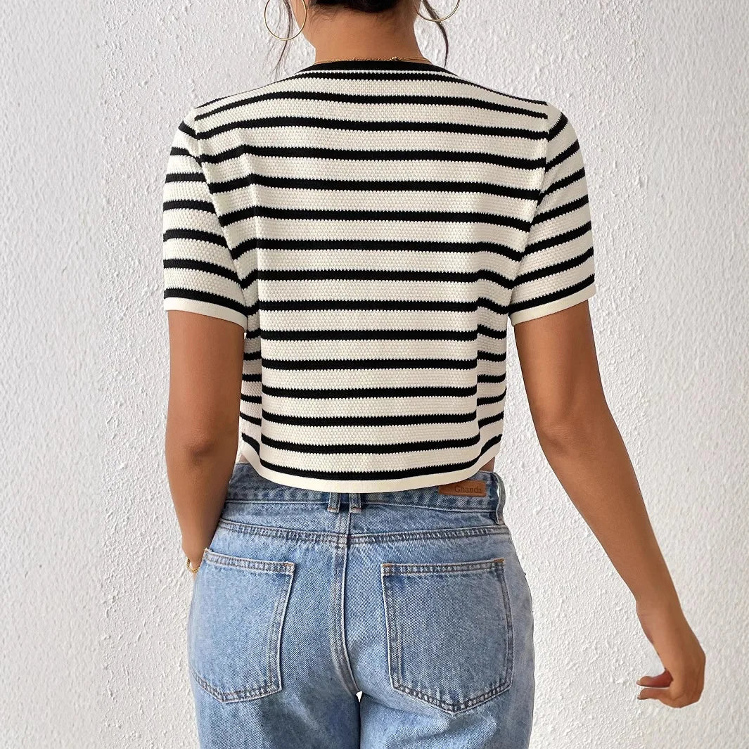 white black stripes short sleeve blouse for women turn-down collar V-neck cropped summer bikini tops hot girl boho beach tops