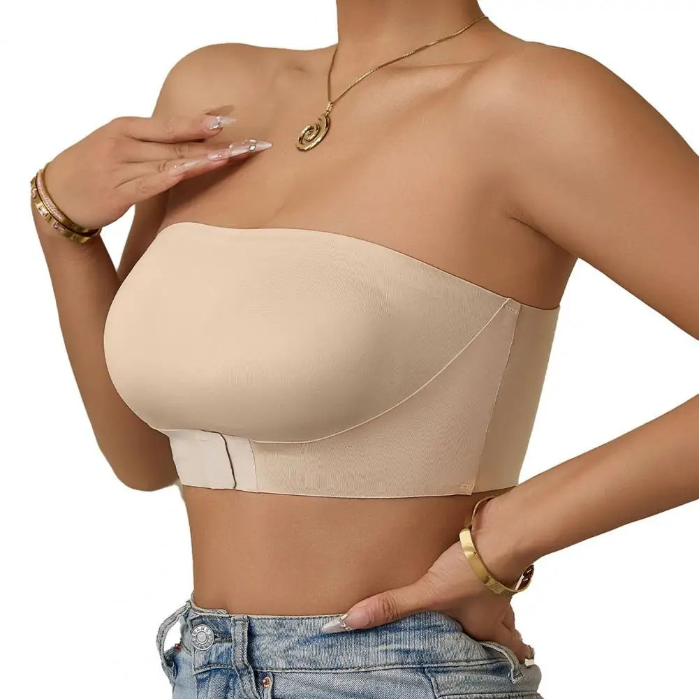 FrontWomens Strapless Bra Bandeau Closure Strapless Bra for Women Non-Slip Wireless Bandeau Bra Seamless Padded Tube Top