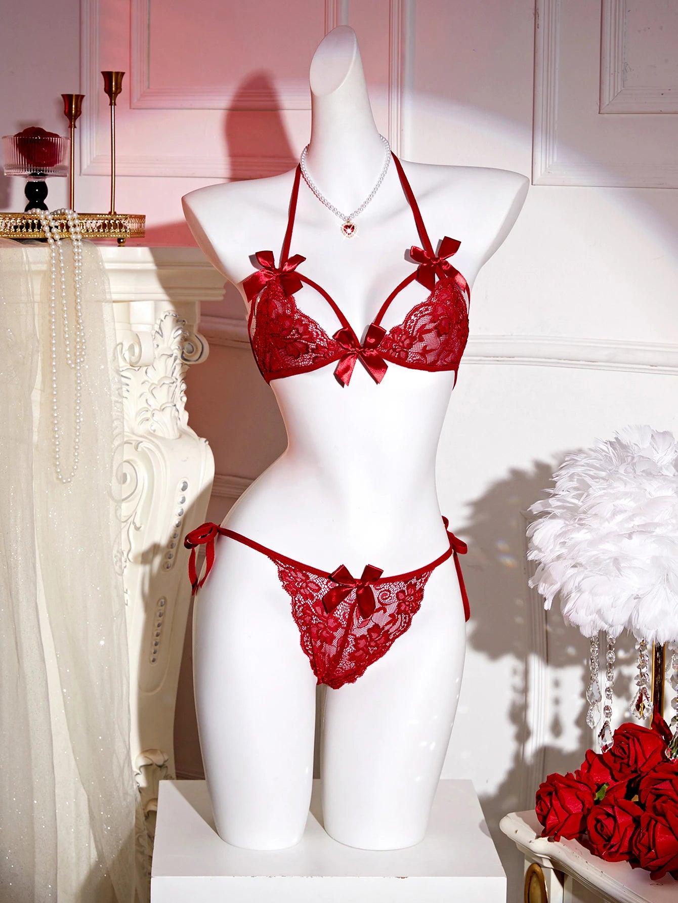 Erotic Sexy Bras Lace Halter Night Dress With Thong Set Woman Nightie Women Babydoll Lingerie Underwear Exotic Bra Costumes