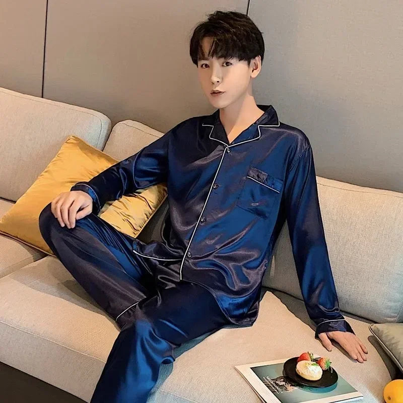 High Quality Men's Casual Pajama Sets Fashion Satin Long Sleeve Lapel Tops and Pants Homewaer Suit Men Comfort Lounge Sleepwear