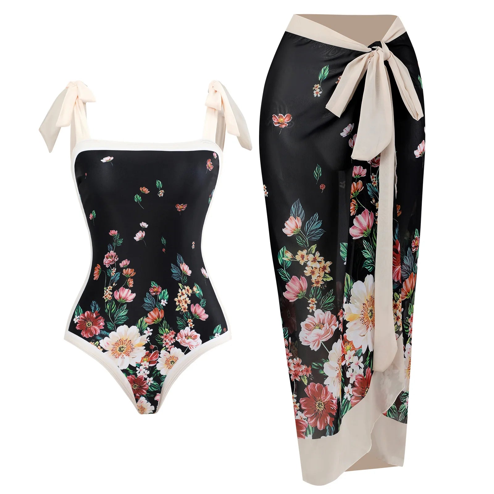 Fashion Women Cover Swimsuit Retro Print Gorgeous One-Piece Suit with Swimwear Beach Casual Swimwear Skirt That Wraps Hips